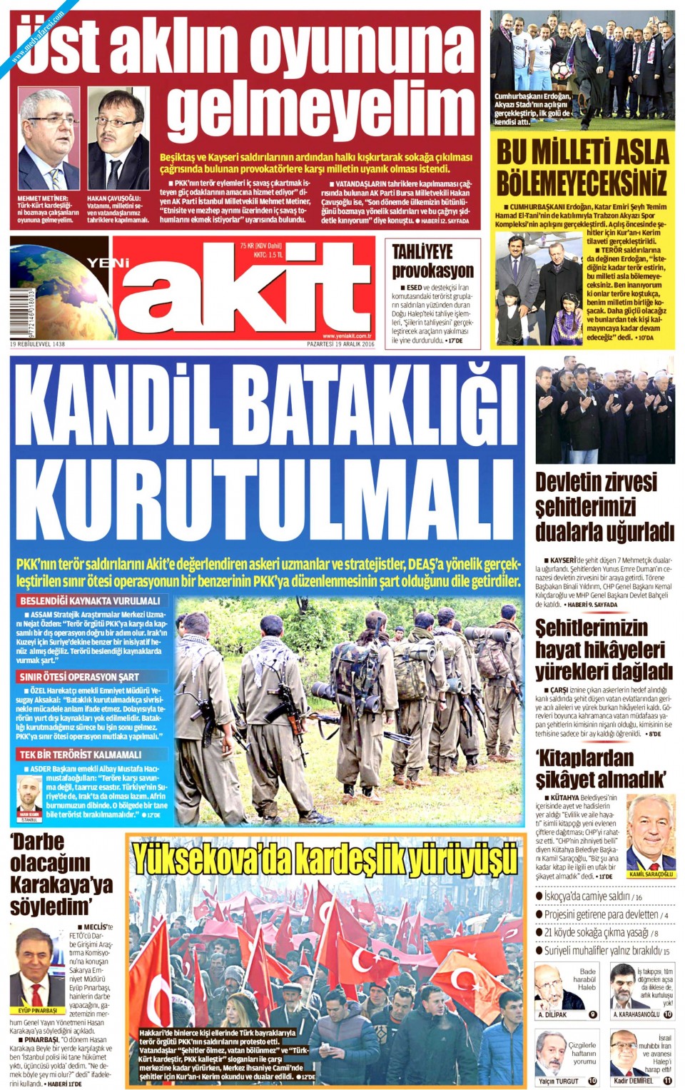 Yeni Akit Gazetesi 19 Aralık 2016 Pazartesi