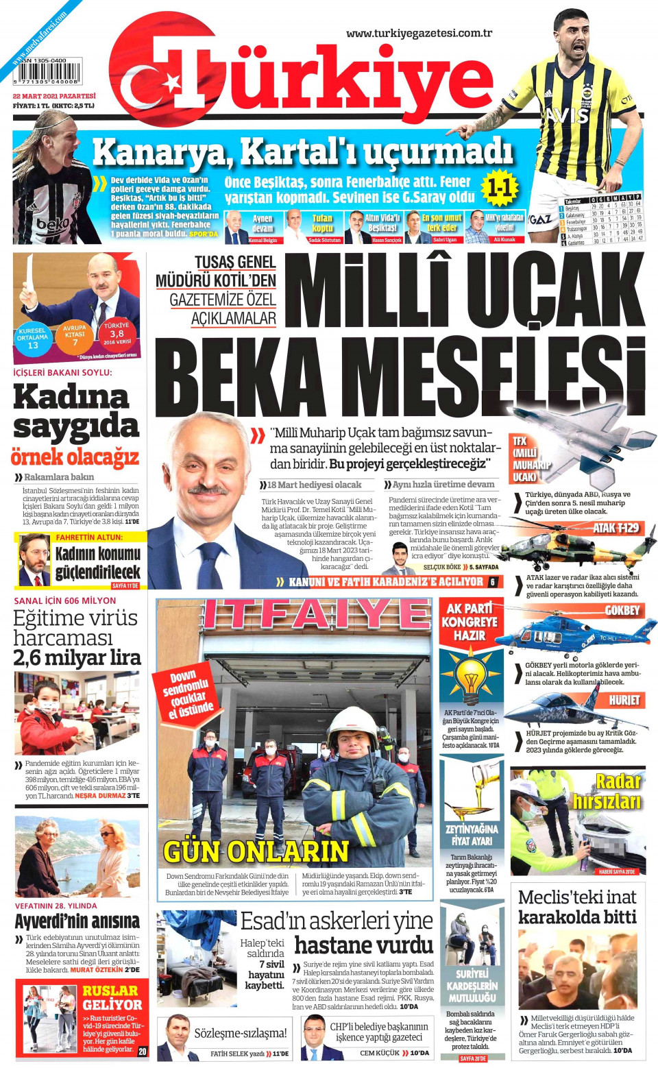 Türkiye Gazetesi Gazetesi 22 Mart 2021 Pazartesi