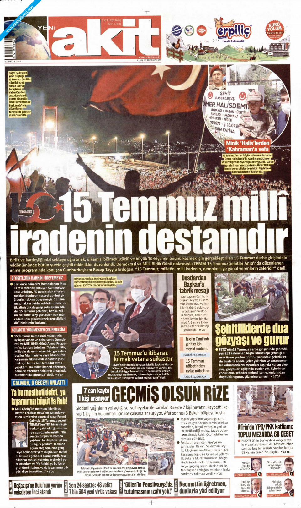 Yeni Akit Gazetesi 16 Temmuz 2021 Cuma