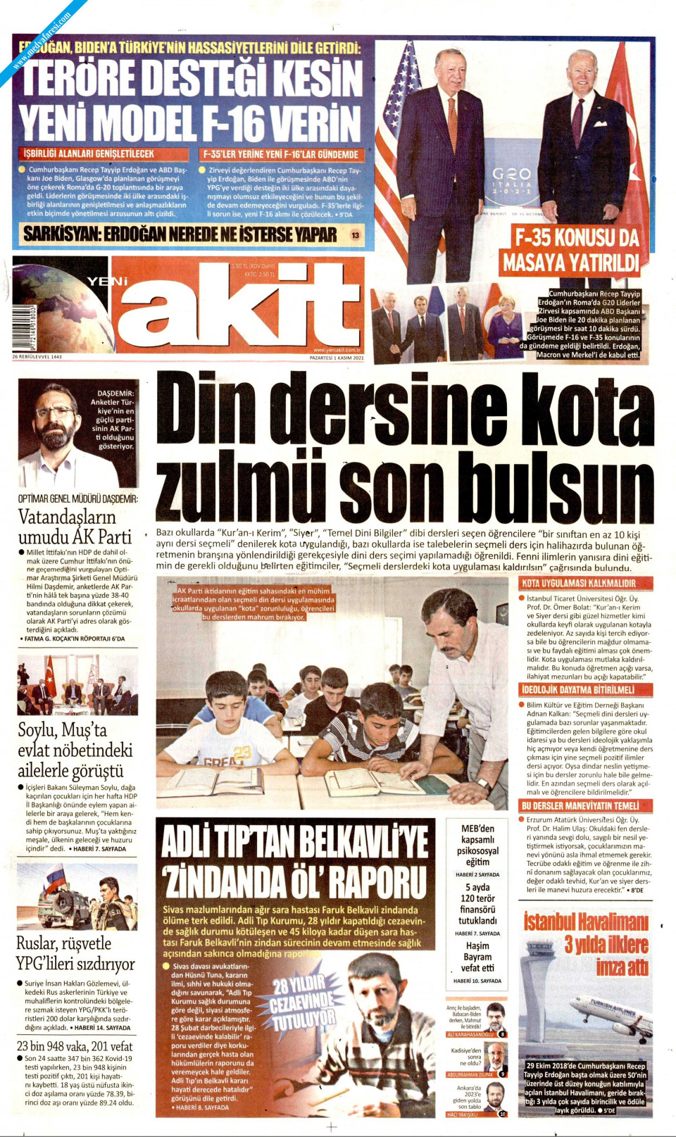 Yeni Akit Gazetesi 01 Kasım 2021 Pazartesi