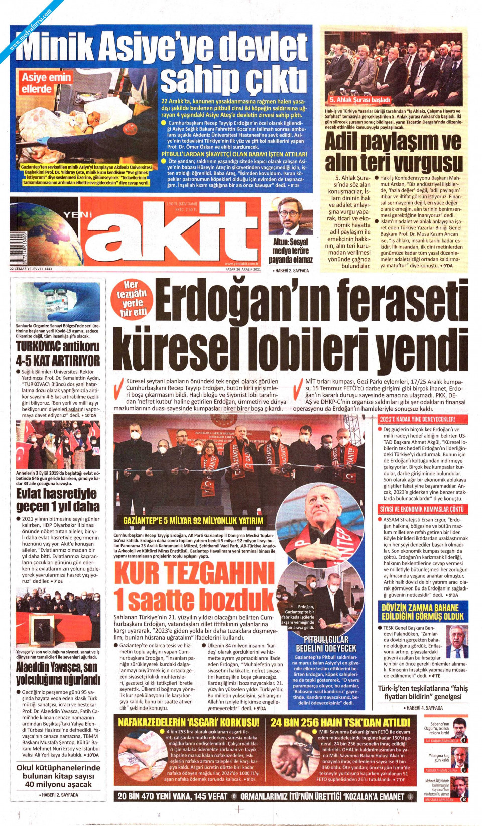 Yeni Akit Gazetesi 26 Aralık 2021 Pazar