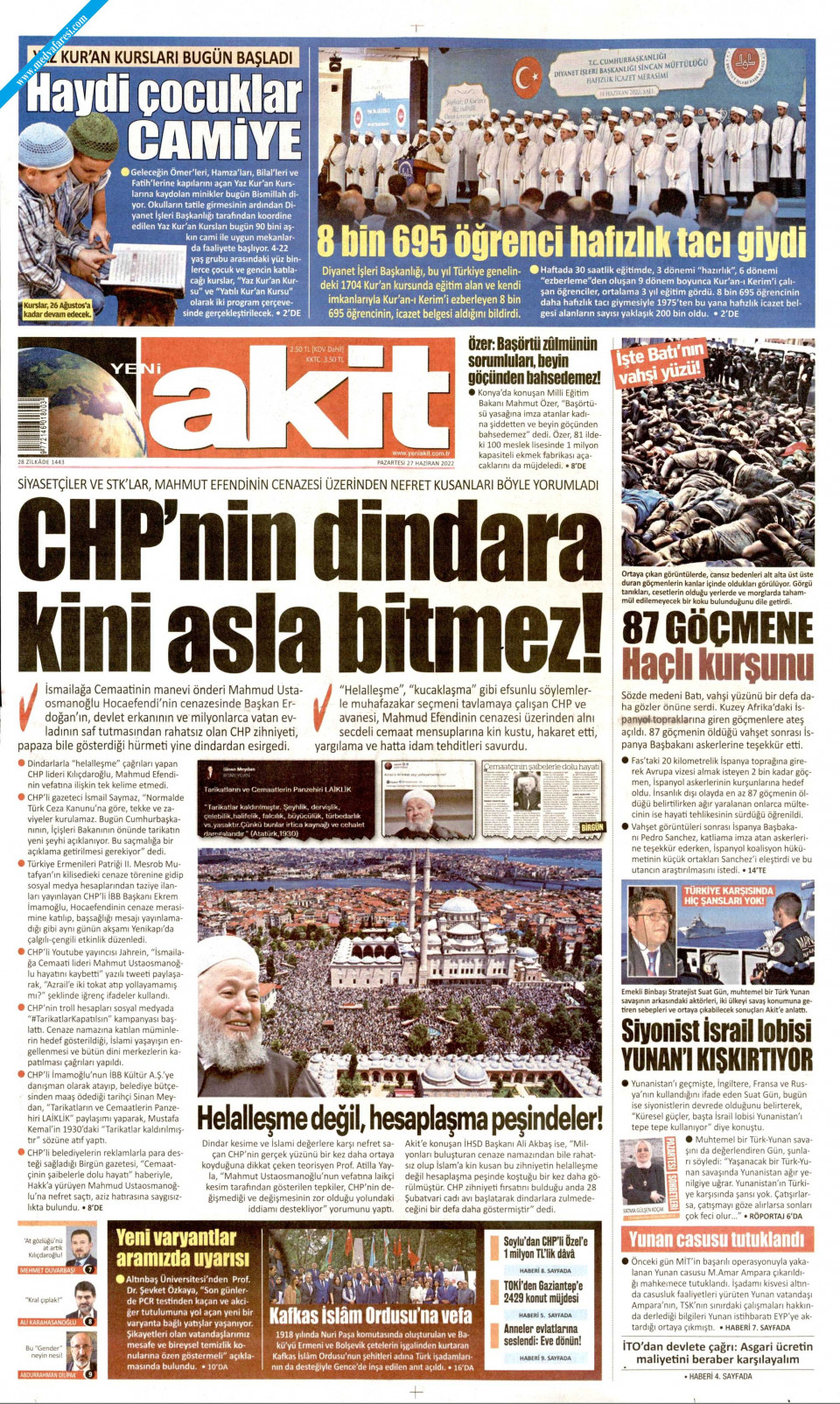 Yeni Akit Gazetesi Haziran Pazartesi