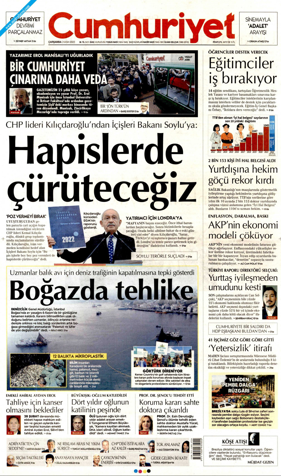 Cumhuriyet Gazetesi 02 Kasım 2022 Çarşamba