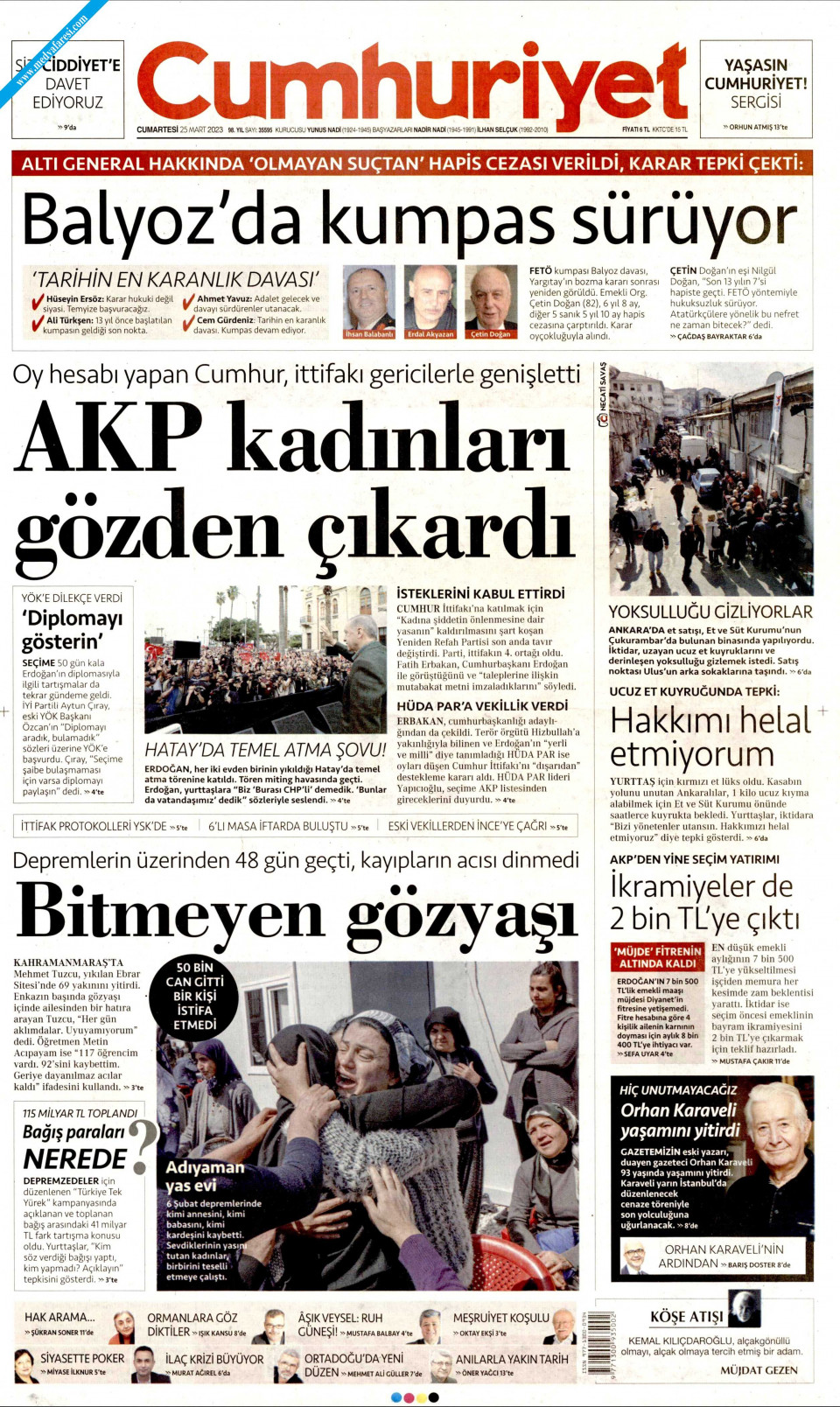 Cumhuriyet Gazetesi 25 Mart 2023 Cumartesi