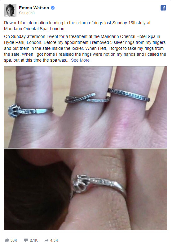 Emma Watson kaybolan yüzüğünü bulmak için hayranlarından yardım istiyor - Resim: 3