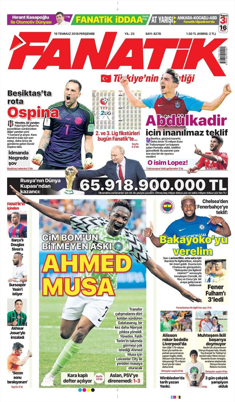 Günün spor manşetleri… 19 Temmuz 2018 - Resim: 1