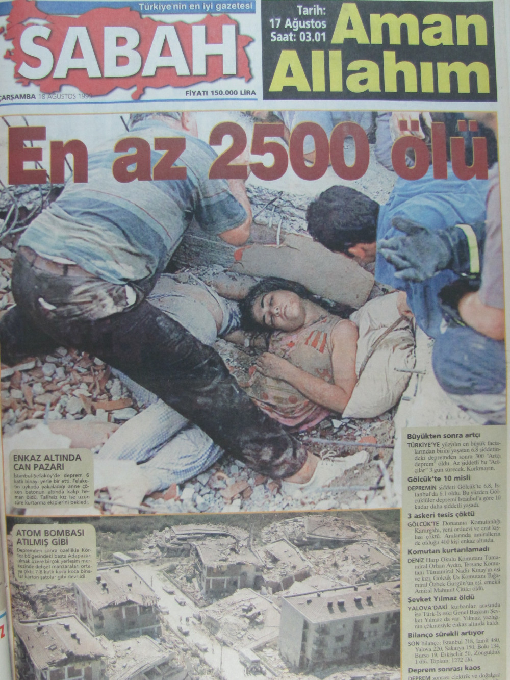 17 Ağustos 1999 depreminin ardından atılan gazete manşetleri