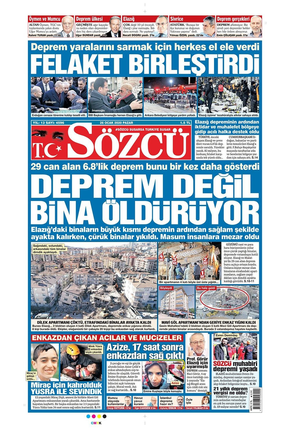 Elazığ depremi gazete manşetlerinde! 26 Ocak 2020 gazete manşetleri - Resim: 1