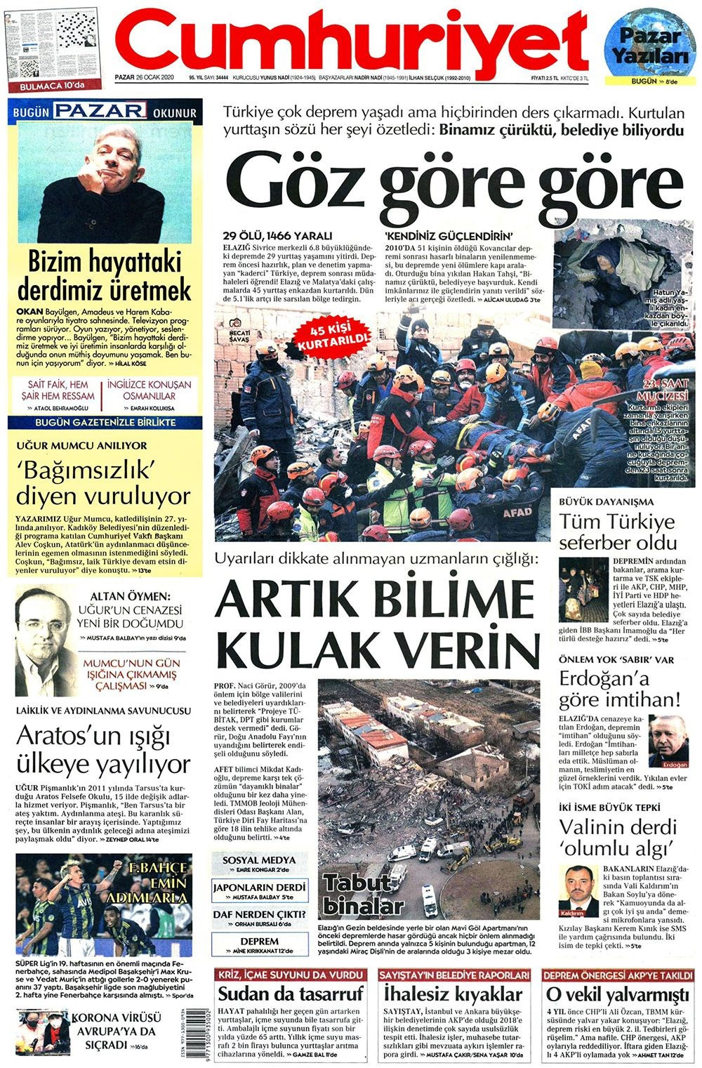 Elazığ depremi gazete manşetlerinde! 26 Ocak 2020 gazete manşetleri - Resim: 2