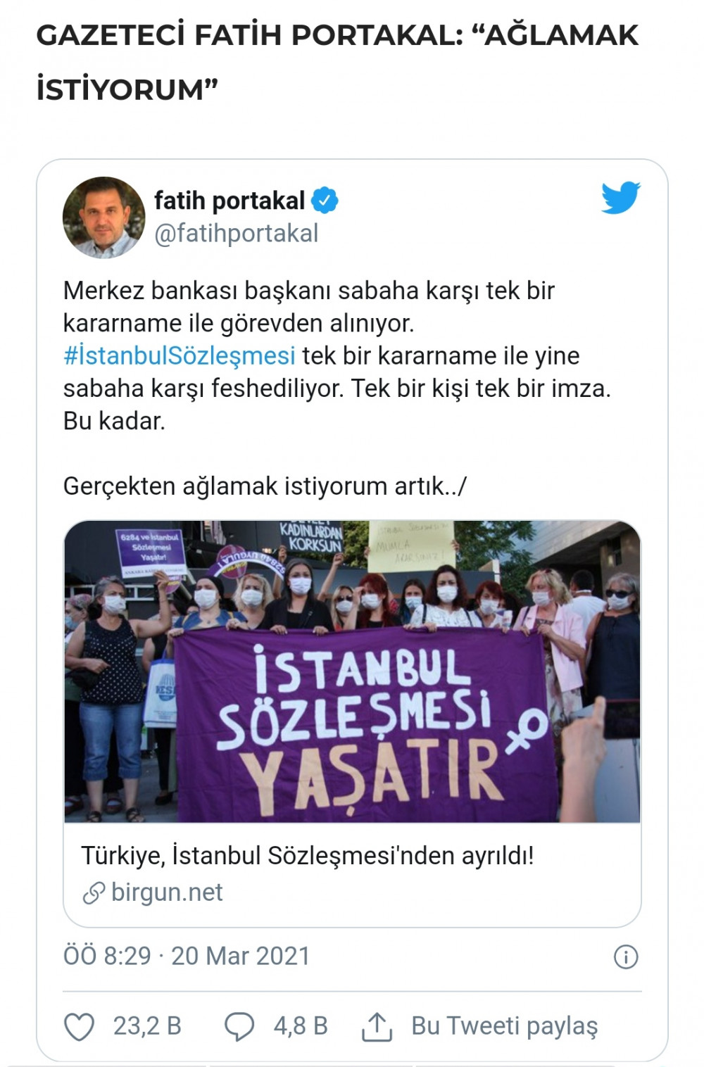 Ünlülerden İstanbul Sözleşmesi Tepkisi! Fatih Portakal: Ağlamak İstiyorum - Resim: 2