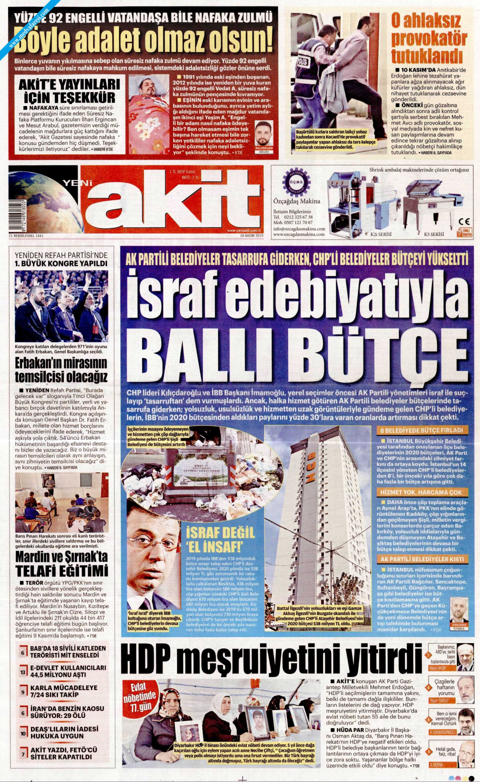 Yeni Akit Gazetesi - 18 Kasım 2019 Pazartesi