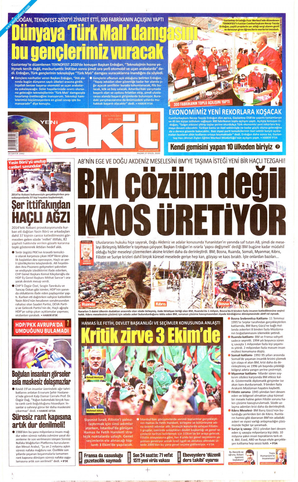 Yeni Akit Gazetesi - 27 Eylül 2020 Pazar